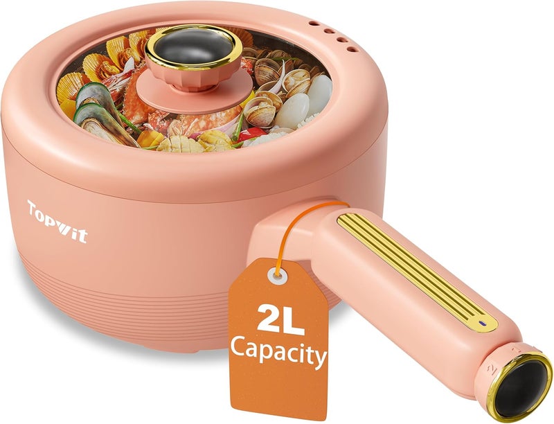 TopWit Hot Pot Electric, 𝟐𝐋 Electric Pot, Portable Non-Stick Portable Cooker, Sauté Pan for Steak, Egg, Fried Rice, Ramen, Soup with Dual Power Control (Silicone Spatula Included), Peach - Image 1